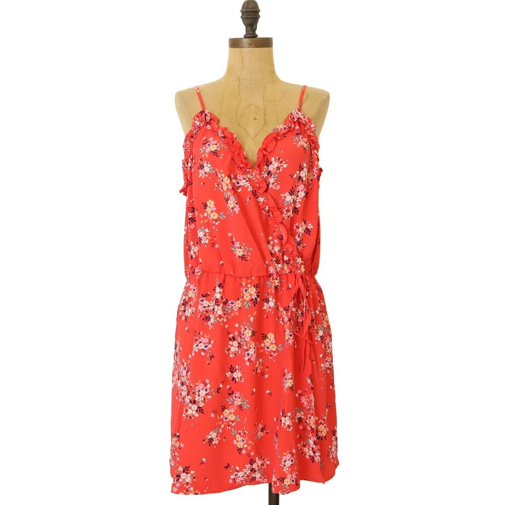 Socialite Floral Mini Faux Wrap Dress XL Juniors Strappy V-Neck Red B63